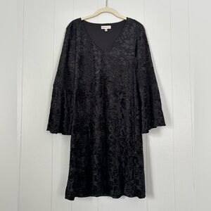 Vintage Neiman Marcus Black Velvet Floral Long Bell Sleeve Dress Whimsy Goth Y2K